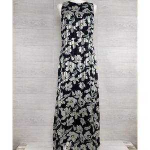 Banana Republic Floral Print Maxi Dress Size 14 Navy Lined Sleeveless Satin
